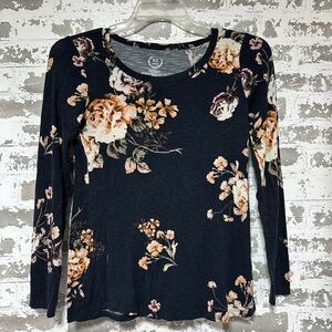 Maurices Dark Blue Floral Long Sleeve Tee with Peach Blooms